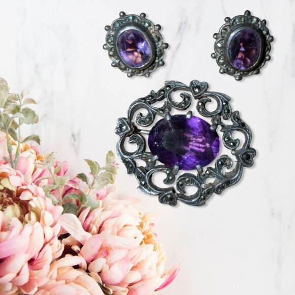 Antique Sterling 925 Silver Amethyst Marcasite Brooch And Earrings Set - Picture 2 of 8